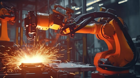 Machines with automation robot arms in intelligent factories use software for real-time monitoring. Generative AI, Robotic Welding, and Digital Manufacturingの素材