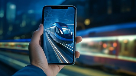 Mobile smart phone cellphone navigation, commuter transportation by rail, and Generative AI are examples of digital business transportation technology.の素材