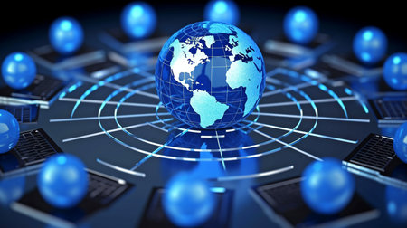 circle of laptops and a blue shiny in a computer communication and connectivity concept Generative AI, Earth's surfaceの素材