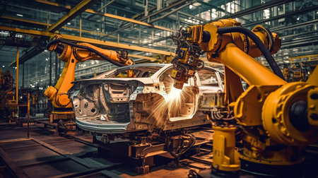Generative AI, robot arms in a vehicle factoryの素材