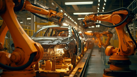 Generative AI, robot arms in a vehicle factoryの素材
