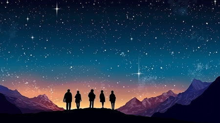 Generative AI depicts four people strolling across the mountains against a backdrop of stars.の素材