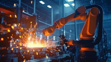 Machines with automation robot arms in intelligent factories use software for real-time monitoring. Generative AI, Robotic Welding, and Digital Manufacturingの素材