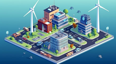 Urban wind and solar power plants are linked to the smart grid.Generative AI and Energy Supplyの素材