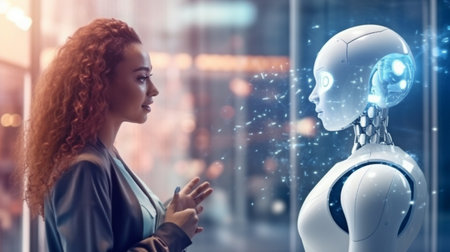 a robot chatting to another robot.Concepts of machine learning or future technology, generative AIの素材