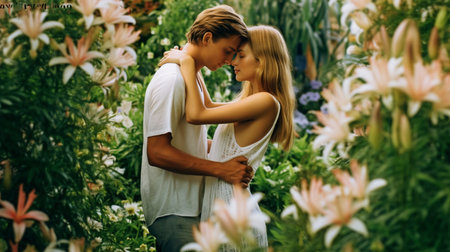 In the lily garden, a pair is embracing. Generative AIの素材