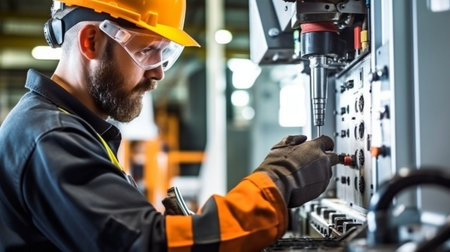 Working on a factory machine as an engineer or industrial worker using Generative AIの素材