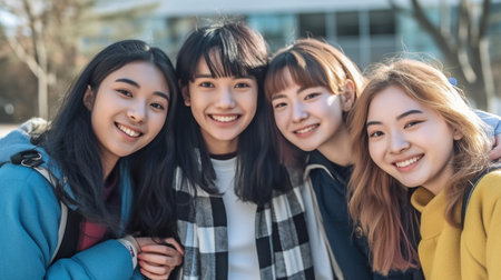 Hugging Outdoors, Multi-Cultural Secondary Or High School Students, Generative AIの素材
