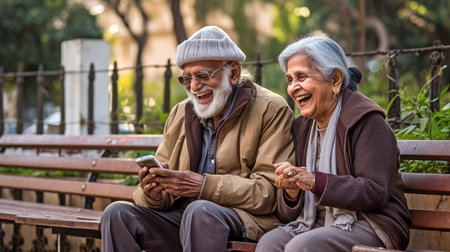 Generative AI image shows an elderly couple smiling while glancing at their phones while perched on a park seat in New Delhi.の素材