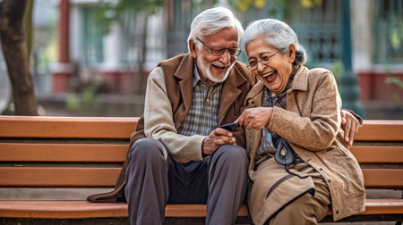 Generative AI image shows an elderly couple smiling while glancing at their phones while perched on a park seat in New Delhi.の素材