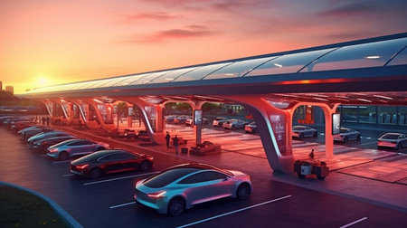 electric vehicle (EV) charging station. Generative AI, brightly colored vehicle roofsの素材