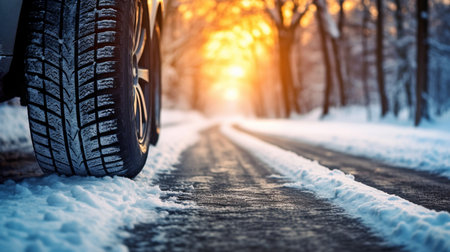 Generative AI close-up of a car's tires on a wintery, snow-covered roadの素材