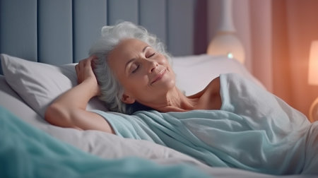 Generative AI, peaceful, older woman unwinding in a plush bedの素材