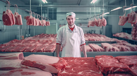 In the slaughterhouse, a self-assured meat factory worker is standing by the large pieces of meat., Generative AIの素材