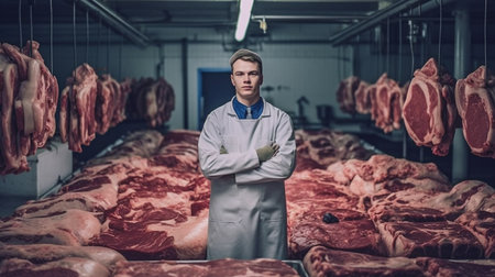 In the slaughterhouse, a self-assured meat factory worker is standing by the large pieces of meat., Generative AIの素材