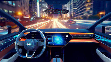 a self-driving automobile with a head-up display. Generative AI, self-driving car on city streetの素材