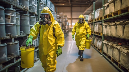 Workers moving hazardous canisters into a storage facility while wearing gas masks and yellow hazmat suits. Generative AIの素材