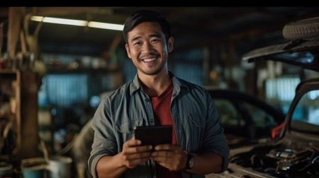 Generative AI portrait of a cheerful mid-aged Asian mechanic working on a car at a workshopの素材