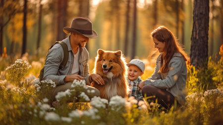 Generative AI depicts a contented family and their dog enjoying a peaceful time in the woodland.の素材