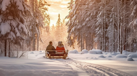 Generative AI of a young couple sledding across a snowy forestの素材