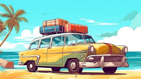 Little vintage car with luggage, bags, and beach equipment on the roof. Generative AI with background seaの素材