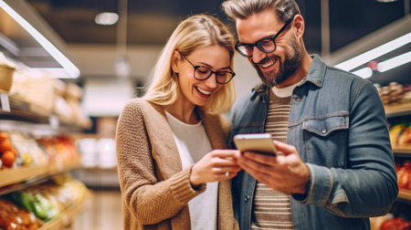 a happy couple is seen at a supermarket comparing shopping lists on a phone.の素材