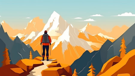 On a high summit, a tourist. Generative AI, active life ideaの素材