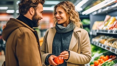 a youthful, attractive couple grocery shopping, comparing purchases, and Generative AIの素材