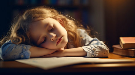 Generative AI portrait of a weary little child sleeping at her desk while doing schoolworkの素材
