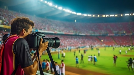Sports Photographers Shooting a Football Championship Game on a Stadium with a Zoom Lens and Generative AIの素材