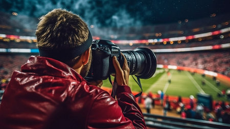 Sports Photographers Shooting a Football Championship Game on a Stadium with a Zoom Lens and Generative AIの素材