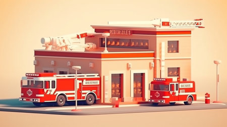 With a garage box and a red flag, a fire vehicle is heading to the station building using Generative AI.の素材