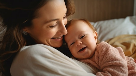 Generative AI shows a joyful new mother holding her gorgeous kid while laying on the bed.の素材