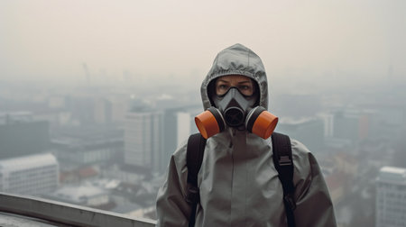 Standing on the roof of a tall building in the early mist, a scientist with protective gear and a gas mask considers significant environmental issues and their impact on people's lives.の素材