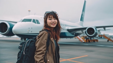 a young, beautiful woman traveling by plane, Generative AIの素材