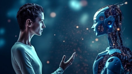 a human having a conversation with a synthetic AI. Generative AI, machine learning, or futuristic technological conceptsの素材
