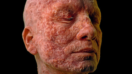 Squamous cell carcinoma is a skin cancer caused by sun damage. Using generative AI, the dangerous cells are contained to the epidermis without invading.の素材
