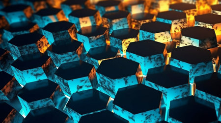 Generative AI's luminous hexagonal cells on a concrete backdrop.の素材