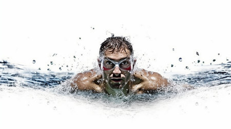 Generative AI of a male competitive swimmer swimming on a white backgroundの素材