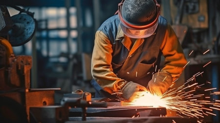 An apron-clad metalworker working in the industry grinds steel products at a plant. Generative AI and high-quality photosの素材