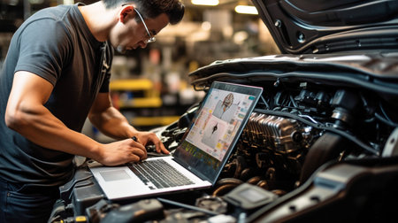 Checking a car's engine on a laptop, utilizing Generative AIの素材