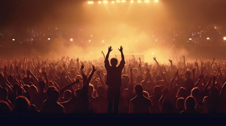 Generative AI's concert crowd silhouettes in front of dazzling stage lights during a music festivalの素材