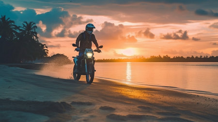 Man on motorbike on beach, wearing cap. On a Bali beach at dusk, a motocross dirtbike rider. Generative AI and a young hipsterの素材