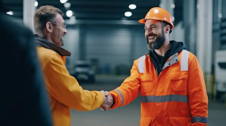 Generative AI shaking hands with a smiling construction worker wearing safety gearの素材