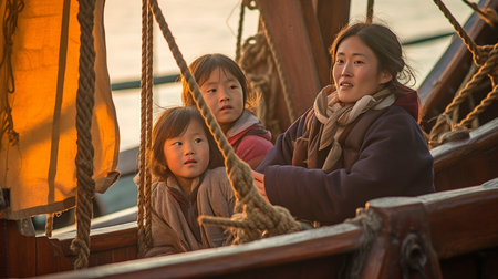 Using Generative AI, a mother and her children sit on a cutter.の素材