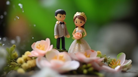 For a wedding, marriage, or any romantic commitment, a married pair with flower bokeh and a grin, Generative AIの素材