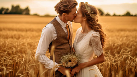 Using Generative AI, the groom kisses the bride in a wheat field.の素材