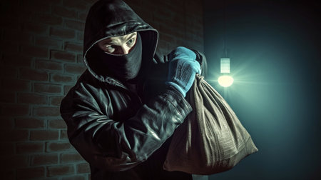 Generative AI burglar with money bag and flashlightの素材