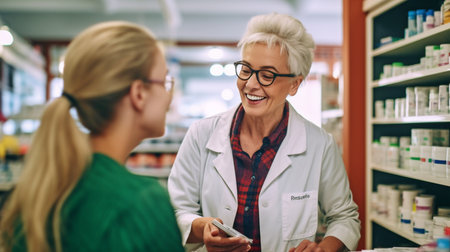 Generative AI enables a woman consumer to communicate with a friendly pharmaceutical consultant.の素材