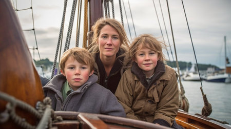 Using Generative AI, a mother and her children sit on a cutter.の素材